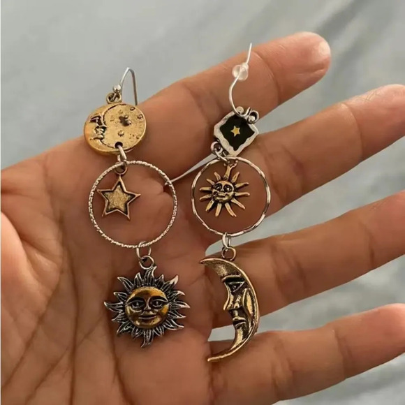 Sun Moon Stars Asymmetric Greek Mythology Handmade Creative Earrings - Picture 6 of 8